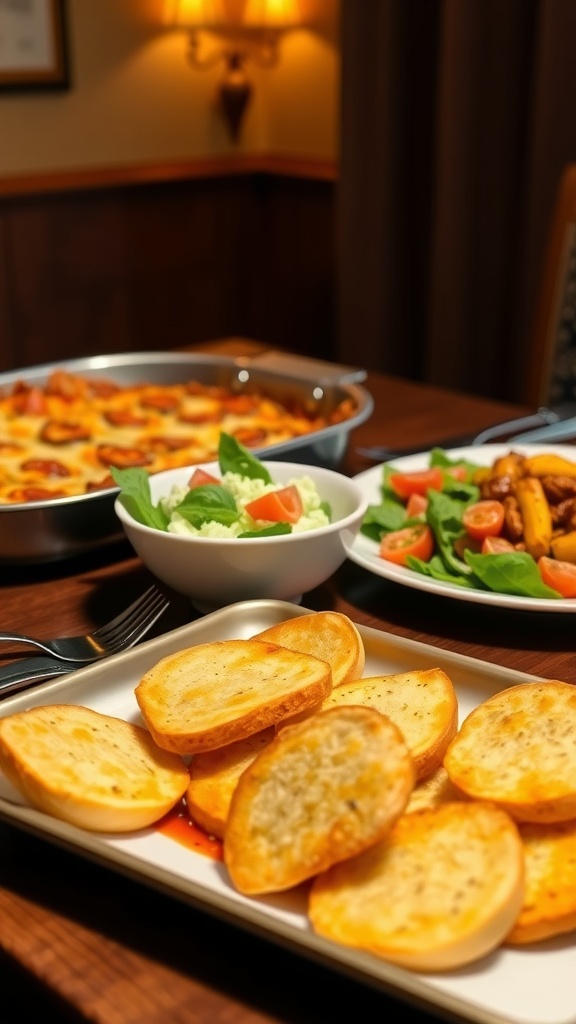 A dining table with garlic bread, Caesar salad, and roasted vegetables alongside a lasagna.